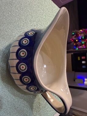 Blue and White Ceramic Sauce Boat with Decorative Ring Motif